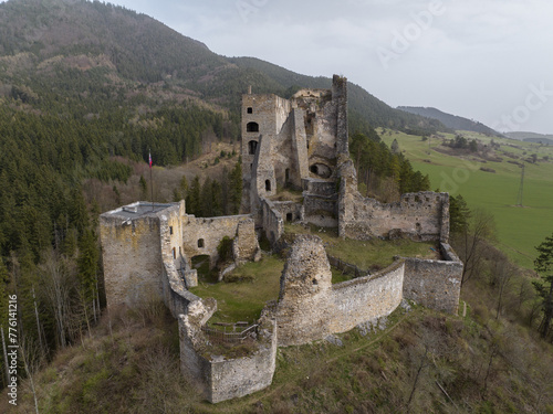 Aerial view of Likava Castle in the village of Likavka in Slovakia photo