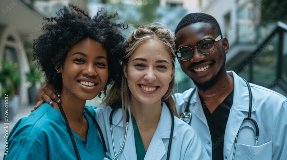 Group of happy mixed race doctors in a uniform are smiling in a hospital. World health day concept. Group of happy mixed race doctors in a uniform are smiling in a hospital. World health day concept.