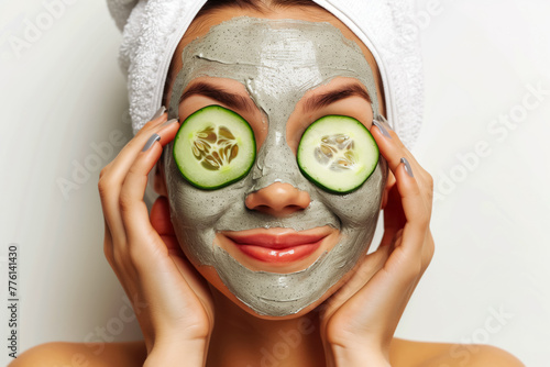 Beautiful woman with cucumber slices on her eyes and face mask on a white background. Rejuvenation and skin care concept.