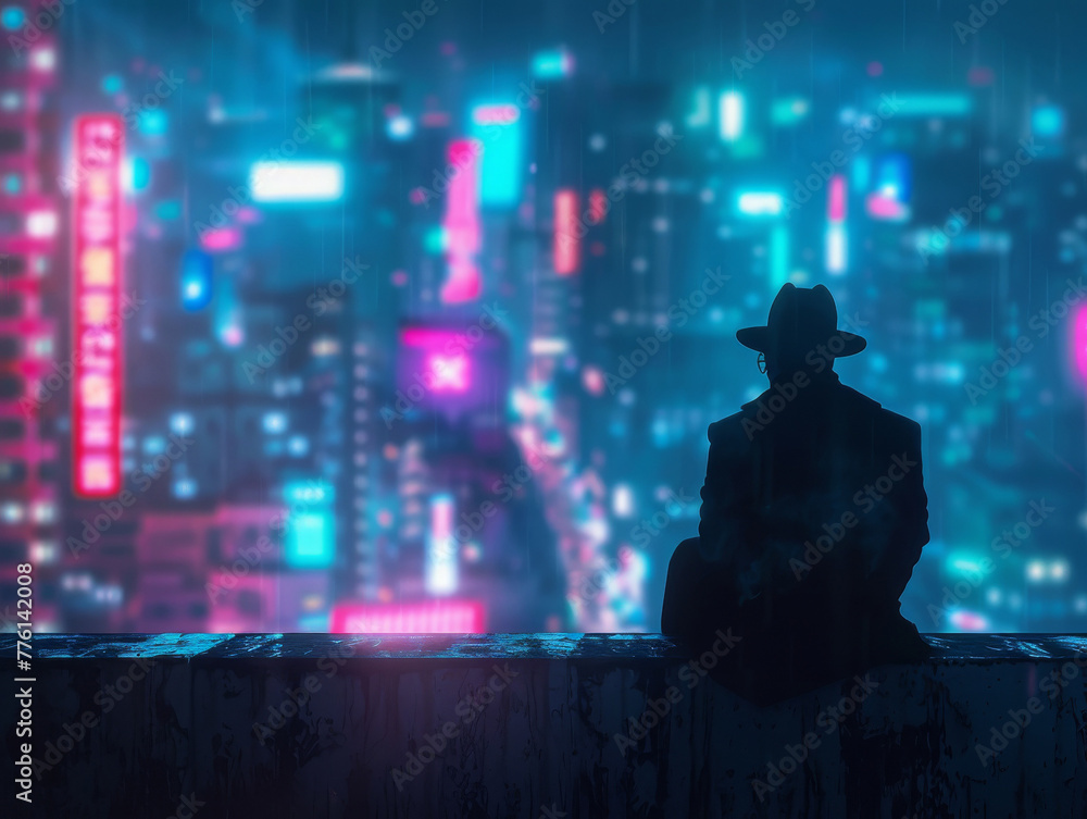 Lone mafia boss, cyberenhanced, overlooking neon cityscape, contemplative night