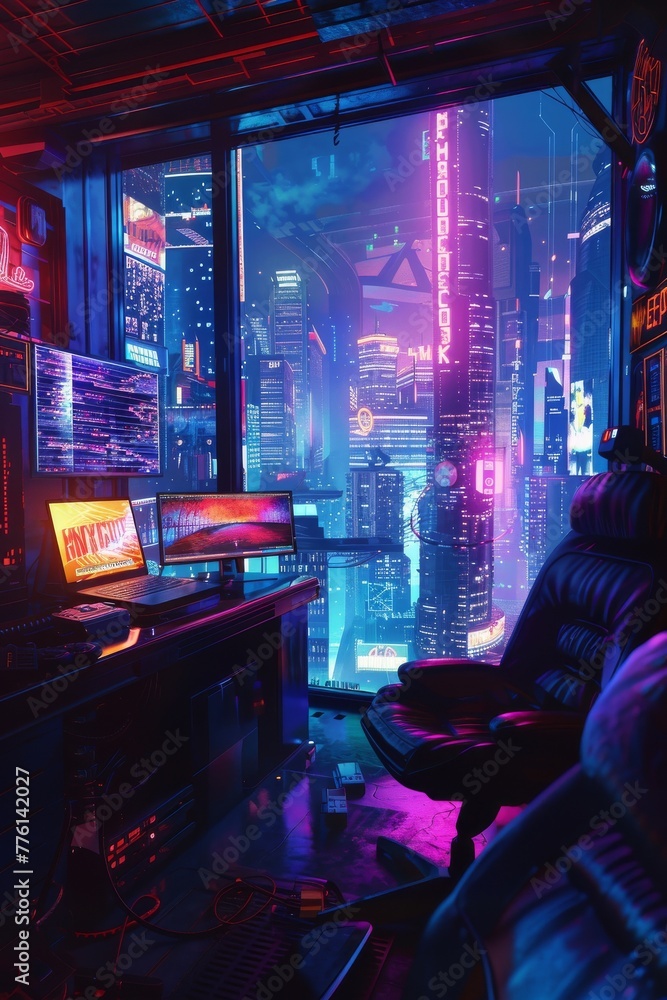 Mafia bosss lair, hightech, panoramic city view, cyberpunk vibe, night