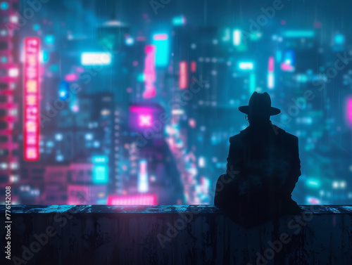 Lone mafia boss, cyberenhanced, overlooking neon cityscape, contemplative night © kitinut