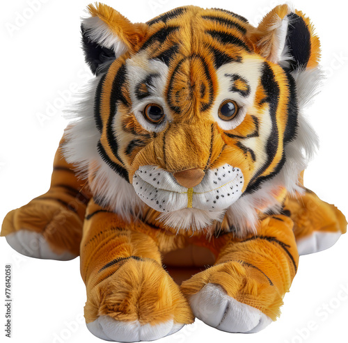 Tiger plush toy with striking stripes cut out on transparent background