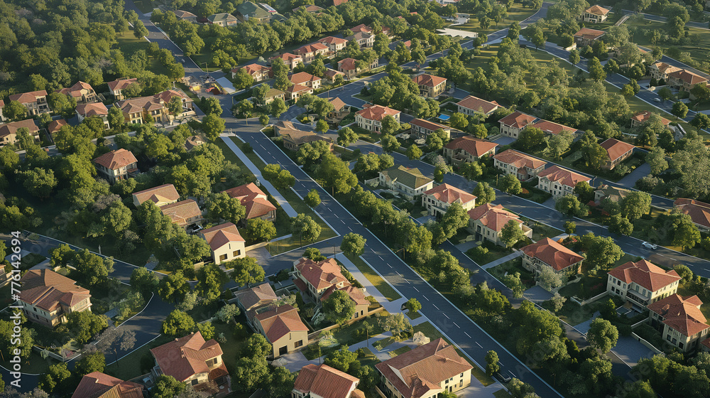 Sunny Suburban Landscape, Aerial View, Peaceful Residential District