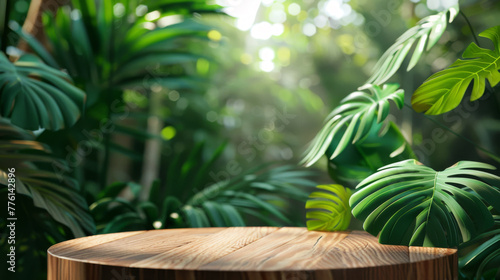 A round wooden podium stands amidst lush tropical greenery with soft lighting.