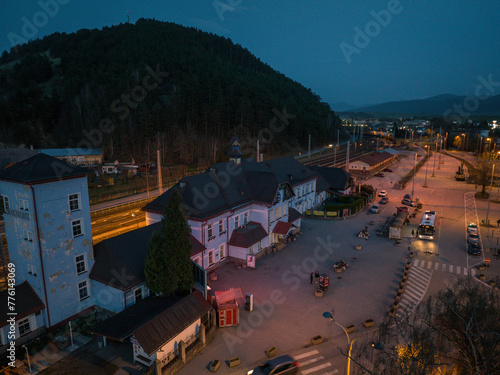 Night view of the railway station in Ruzomberok, Slovakia photo