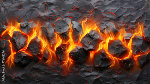 Close photo of fire gaps between stones. Lava flow of volcano. bonfire, embers, fire texture background. abstract magma background with cracked rocks. 