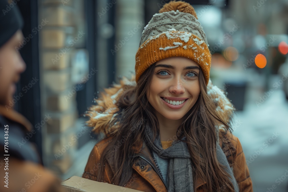 Happy Woman in Cold Weather with a Package Happy Woman in Cold Weather with a Package
