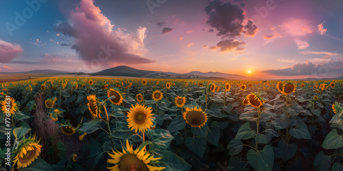 The field of sunflowers and sunset  photo