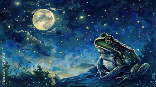 Against the backdrop of a starry night sky  a frog serenades the moon with its melodic croaks  a nocturnal symphony echoing through the darkness.