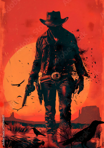 cowboy  with a gun in his hand in a sunset with a murder of crows
