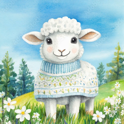 Namalowana owieczka w swetrze na łące 