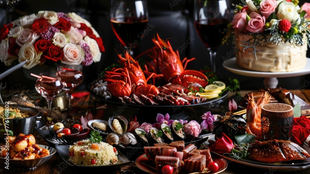 A sumptuous spread of gourmet delicacies featuring succulent grilled seafood, creamy risotto, and decadent chocolate dessert