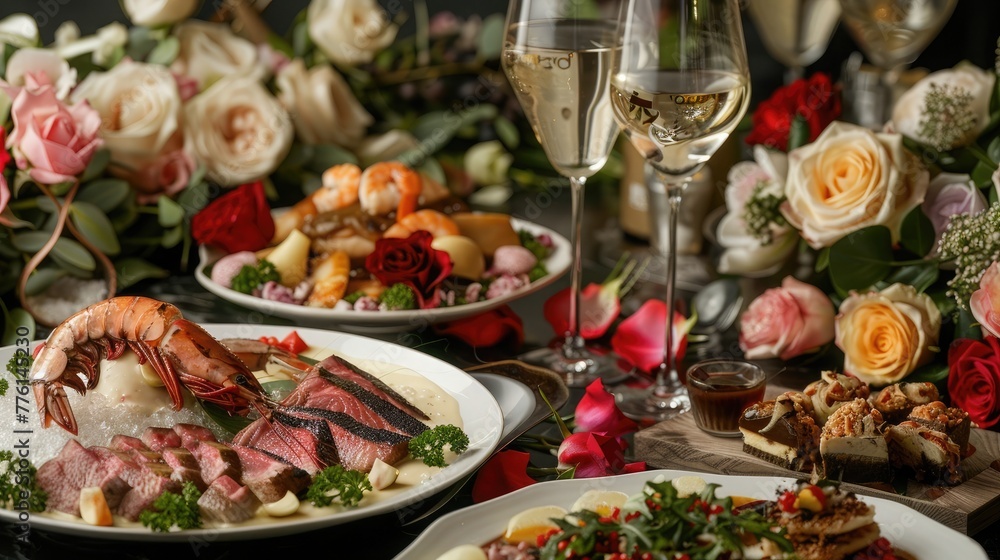 A sumptuous spread of gourmet delicacies featuring succulent grilled seafood, creamy risotto, and decadent chocolate dessert A sumptuous spread of gourmet delicacies featuring succulent grilled seafood, creamy risotto, and decadent chocolate dessert