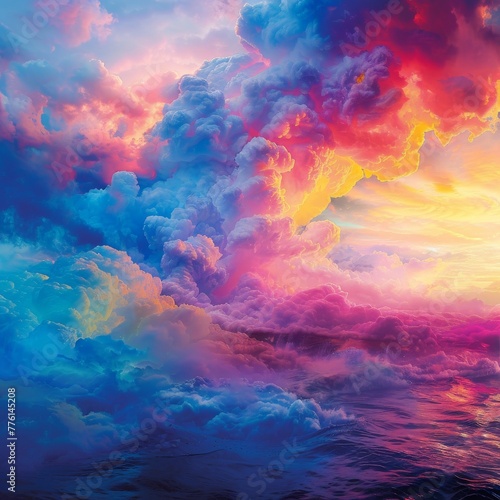 Bright Earth in a turquoise sea, clouds of colorful steam swirling, a backdrop of a neon sunset