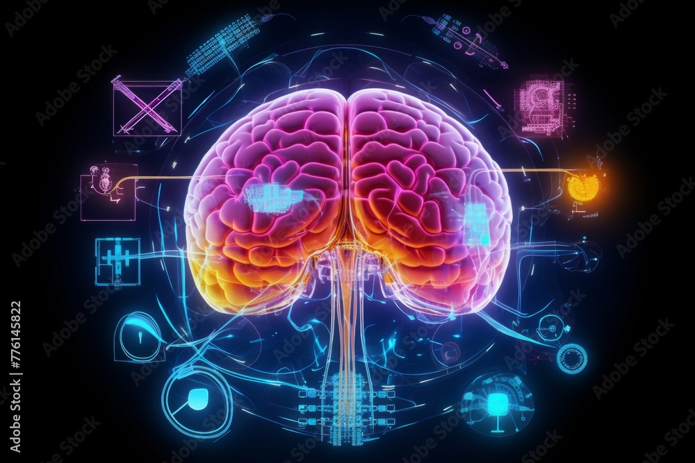 Human brain connected to a chip. Digital brain concept with Network Connections, Generative AI. Human brain connected to a chip. Digital brain concept with Network Connections, Generative AI.