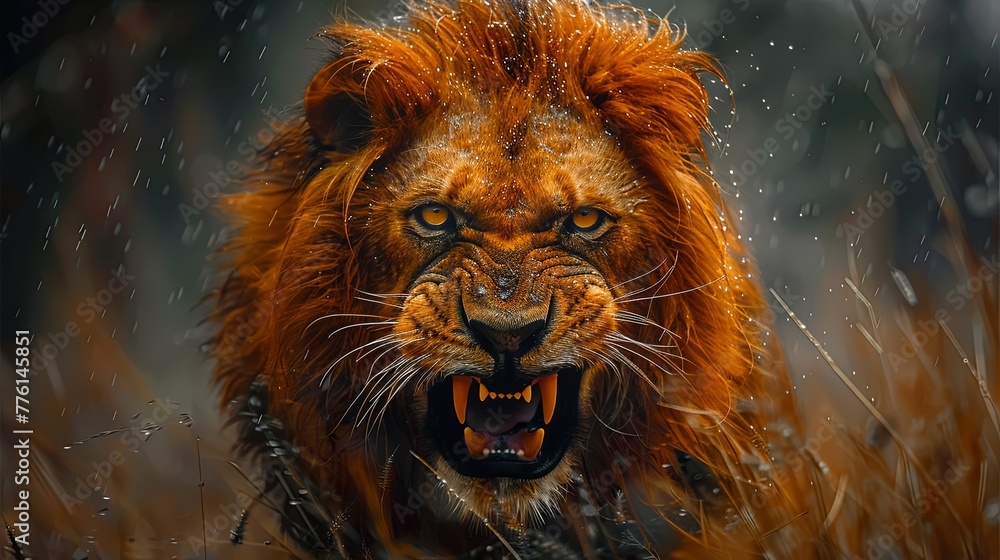 Fototapeta premium an angry lion, with sharp eyes, long hair, and green field. Generated AI.