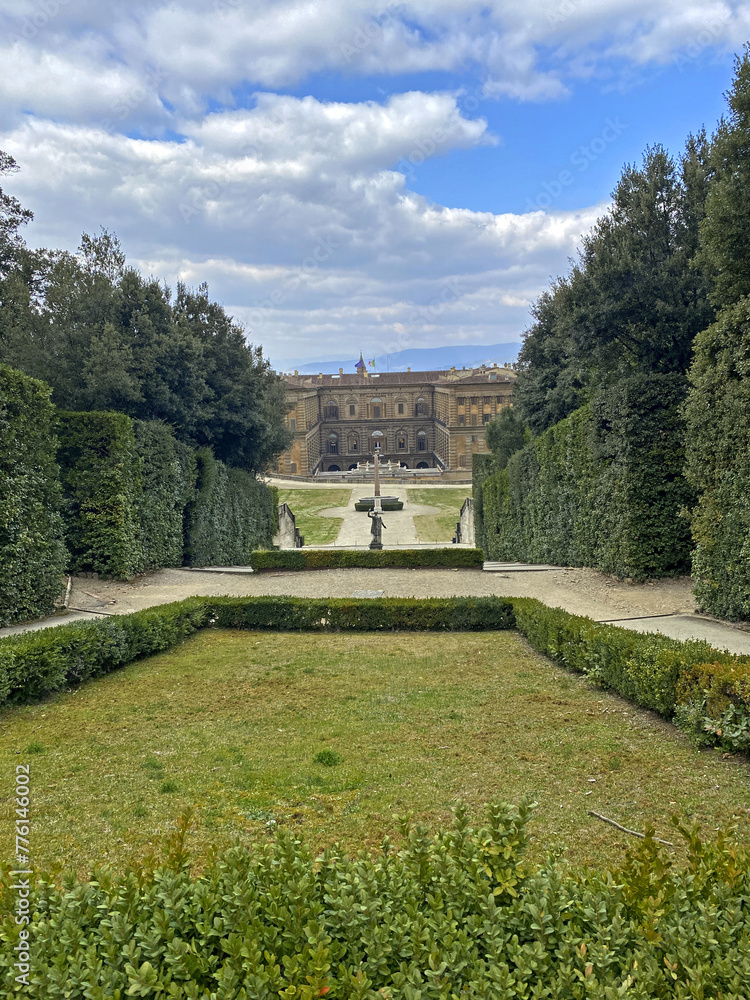 Florence. Architectural details of Pitti Palace and the lush Boboli Gardens in Florence, Italy. 