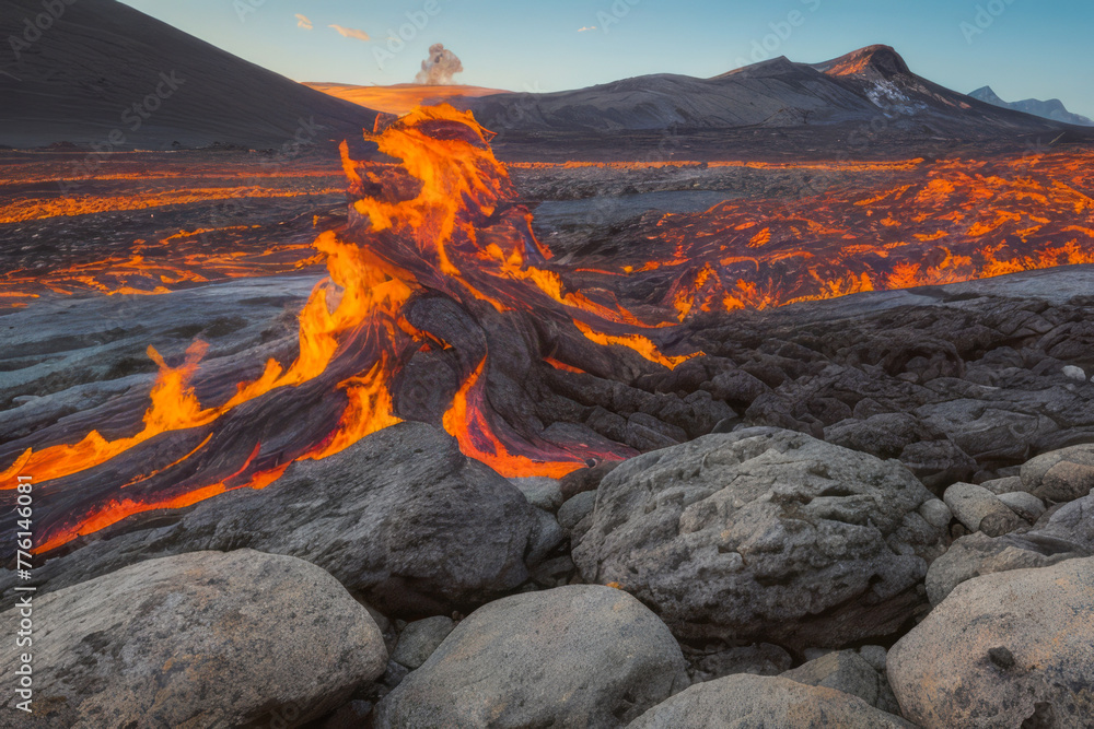 Naklejka premium Sunset Over Volcanic Island Landscape with Flowing Lava and Red Rocks