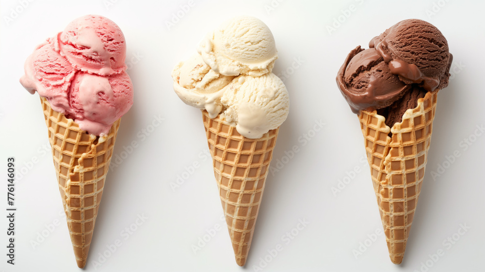 Strawberry, vanilla, and chocolate ice cream in waffle cones on a white surface with a minimalist style Strawberry, vanilla, and chocolate ice cream in waffle cones on a white surface with a minimalist style