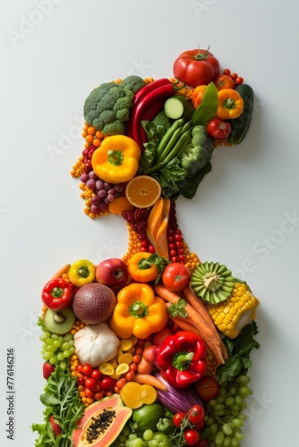 Figure of a girl made from vegetables and fruits, promotion of healthy eating, Generative AI.