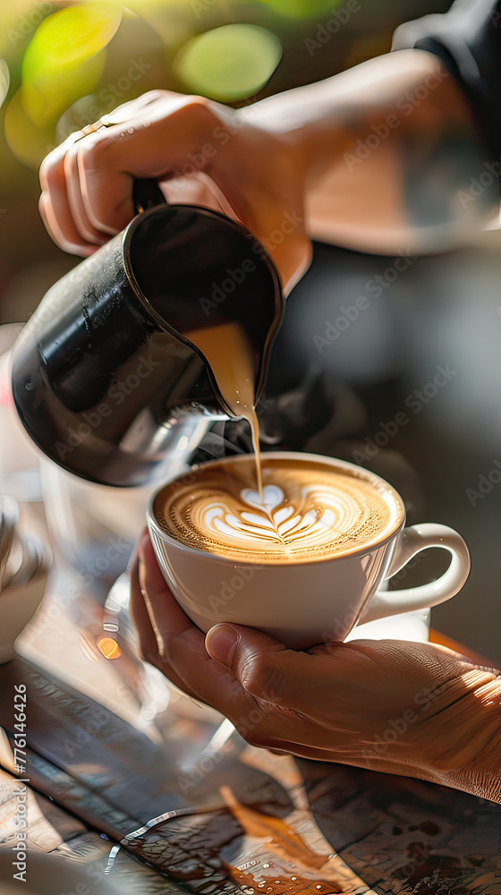 Barista pouring a latte, perfect swirls, coffee machine in the background, inviting atmosphere for coffee lovers