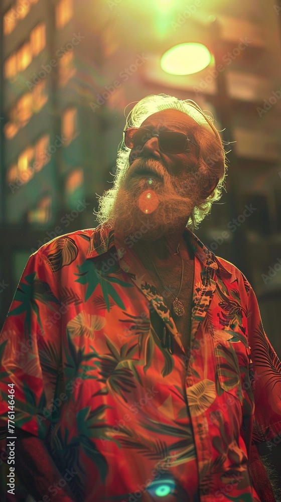 Cool elder in bold Hawaiian outfit 2010s flair soft backlight relaxed pose urban backdrop Cool elder in bold Hawaiian outfit 2010s flair soft backlight relaxed pose urban backdrop