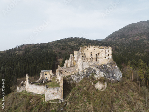 Aerial view of Likava Castle in the village of Likavka in Slovakia