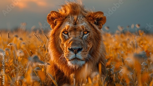 an angry lion, with sharp eyes, long hair, and green field. Generated AI.