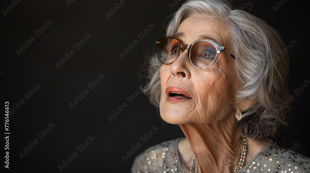 A cool granny rocking out with oversized sunglasses and a sparkling sequin dress, belting out funky tunes into a vintage microphone, her energy infectious and joyous A cool granny rocking out with oversized sunglasses and a sparkling sequin dress, belting out funky tunes into a vintage microphone, her energy infectious and joyous
