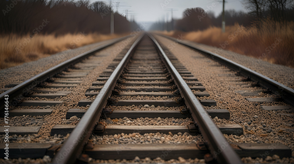Obraz premium Photograph of Bare Train Tracks: Minimalist Railway Scene.generative.ai