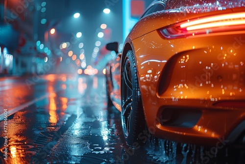 High-Performance Car on a Foggy Urban Street