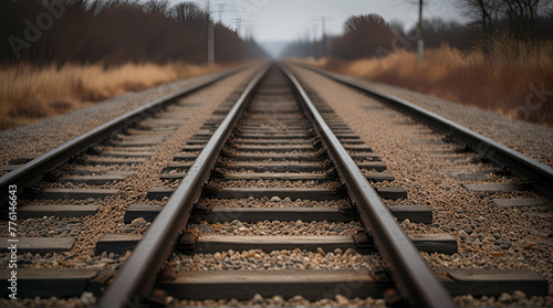 Photograph of Bare Train Tracks: Minimalist Railway Scene.generative.ai