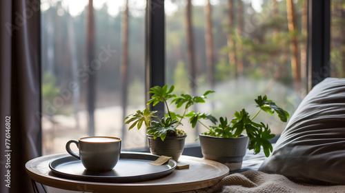 Cozy Morning Coffee with a View of the Tranquil Forest © slonme