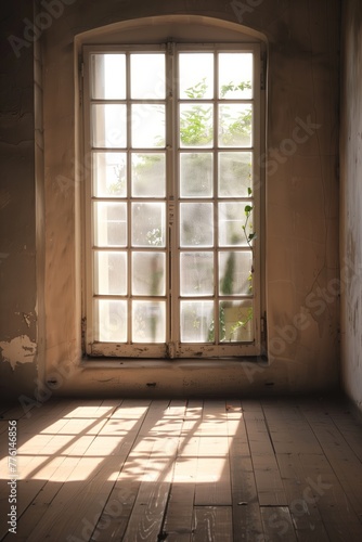 Vintage Room with Tall Windows and Sunlight