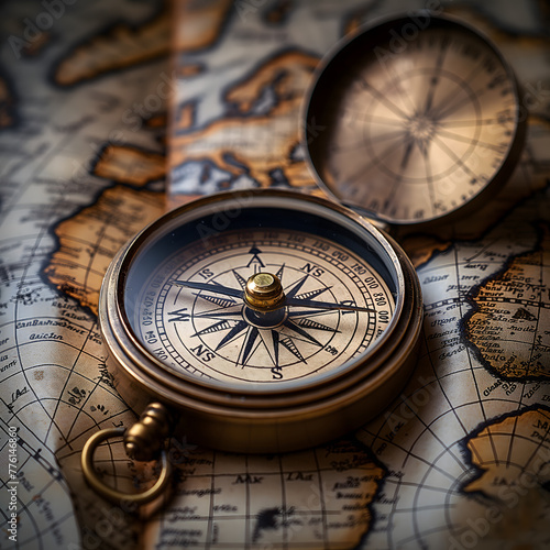 Vintage Compass on Old World Map with Golden Light