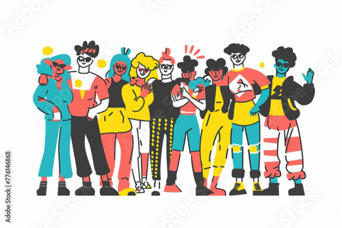 Group of abstract diverse people. Friends or coworkers are standing  hugging  posing together. Cartoon characters. Teamwork  togetherness  friendship concept. 