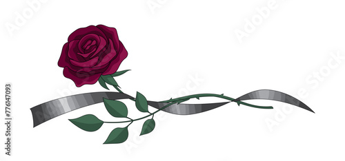 A burgundy rose with a black mourning ribbon. Funeral. Vector illustration in a flat style for a funeral home. Funeral services.