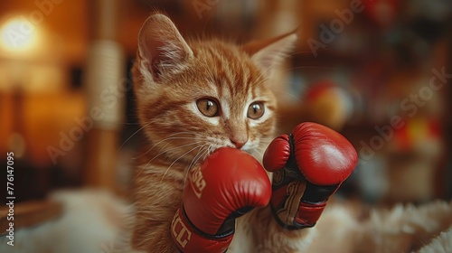 A spirited cat wearing miniature boxing gloves, playfully sparring with a hanging toy in a home-made ring,