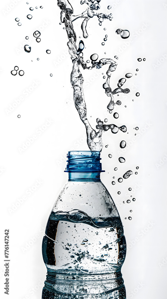 Dynamic Water Splash from a Plastic Bottle on White Background