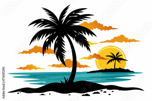 beach palm sun watercolor silhouette vector illustration