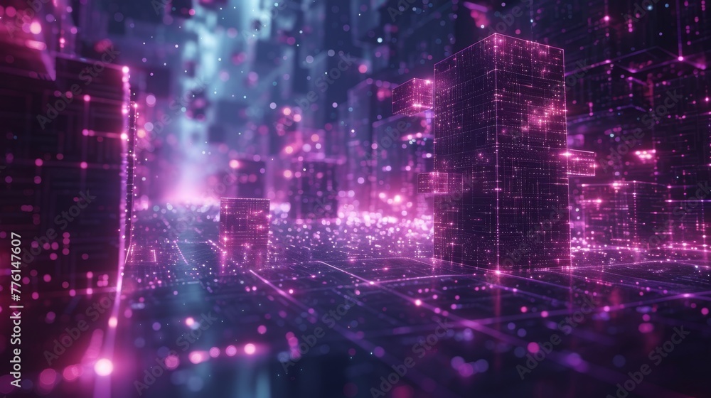 blockchain and online storage technology for data, security and network connection. Neon, glow and purple squares on black background illustration for matrix, metaverse and cyberspace blockchain and online storage technology for data, security and network connection. Neon, glow and purple squares on black background illustration for matrix, metaverse and cyberspace