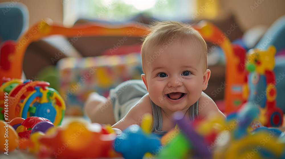 Close-up of a gleeful infant crawling among a multitude of colorful toys glancing upwards Close-up of a gleeful infant crawling among a multitude of colorful toys glancing upwards