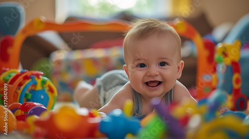Close-up of a gleeful infant crawling among a multitude of colorful toys glancing upwards