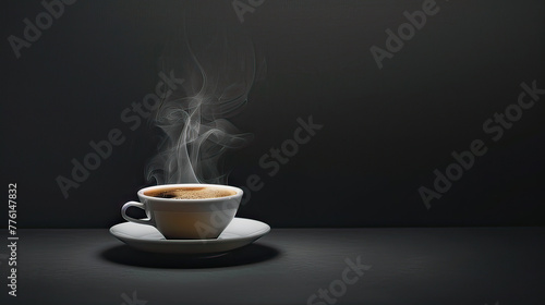 Steam rising from a hot espresso shot, dark and intense on a minimalist backdrop, space for bold statements