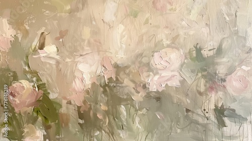 a light and airy loose oil painting that is almost abstracted of a segment of a garden scene with a composition that uses texture