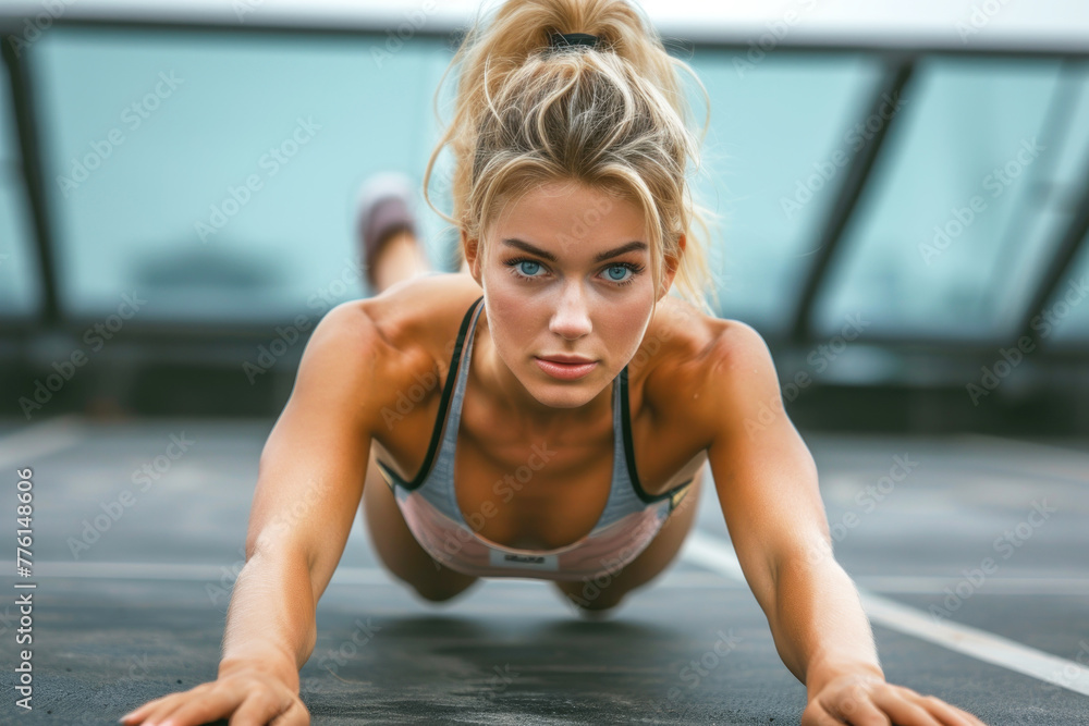 Athletic young woman doing sports or fitness doing push-ups or exercising Athletic young woman doing sports or fitness doing push-ups or exercising