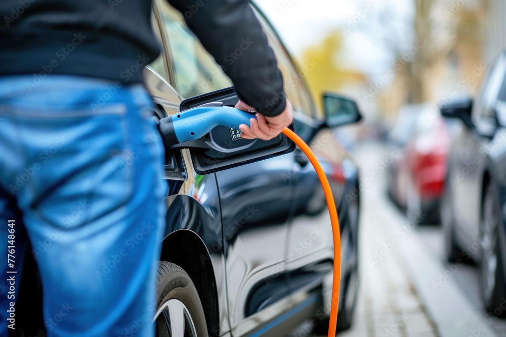Close up A man is connecting electric parking with parking charger in parking Close up A man is connecting electric parking with parking charger in parking