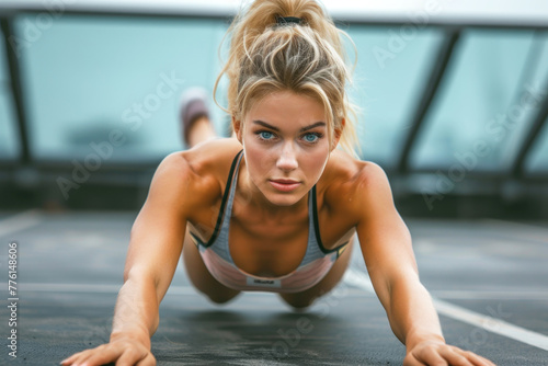 Athletic young woman doing sports or fitness doing push-ups or exercising