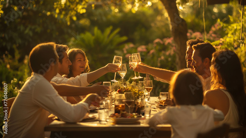 Family members raising their glasses in a toast against a backdrop of a warm sunset